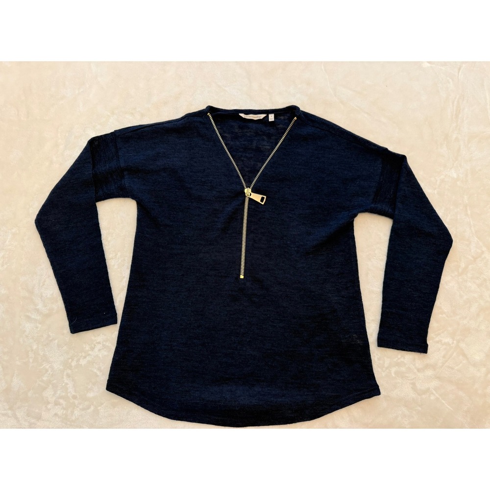 Soft Surroundings Navy Blue Zip Front Sweater Slub Knit Gold Accent Size Small